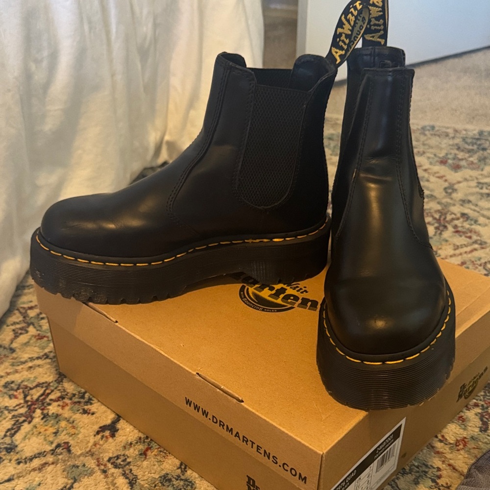 Dr. Martens Black Leather Booties with Yellow Stitching
